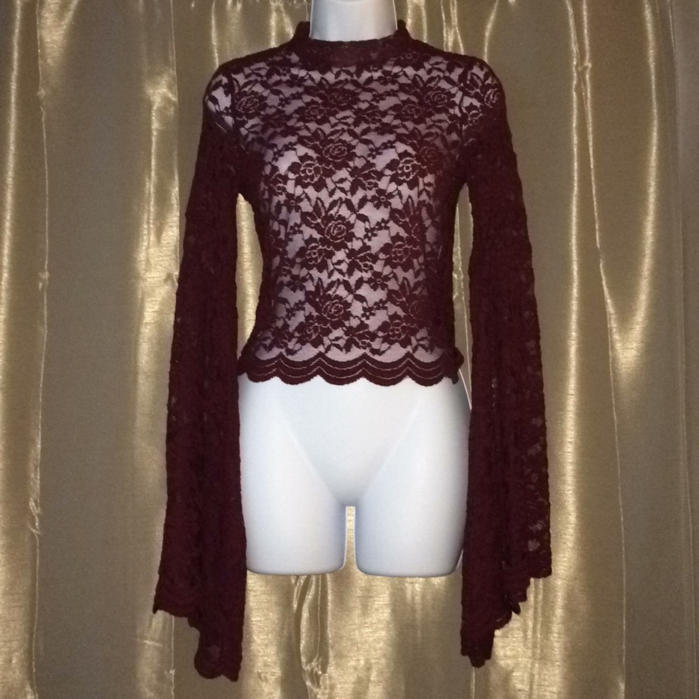 Crocheted lace long sleeve sheer top